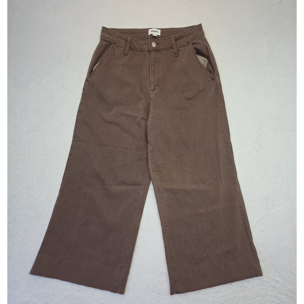 Sonoma Brown Wide Leg Cropped Pants Women's Size 14 High Rise Casual